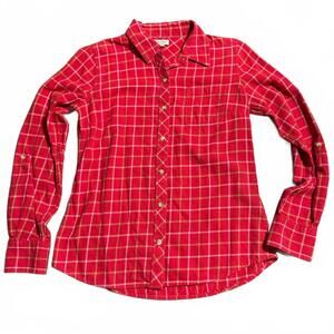 LUCKY BRAND Shirt Womens S Flannel Check Cotton Button Front Roll Tab Sleeve Red